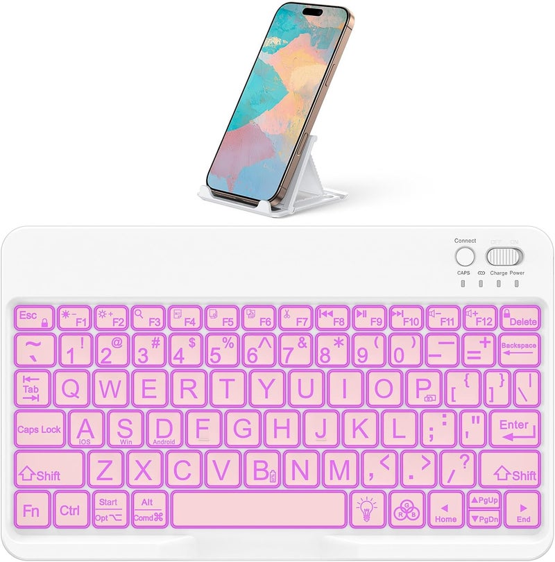 Omoton Large Print Bluetooth Keyboard for iPad iPhone Windows Tablets - 7 - Color Backlit with Enlarged Keycaps, Rechargeable Wireless Keyboard for iPad 10th/9/8/7, iPad Pro Air Mini etc (Pink) - Image 1